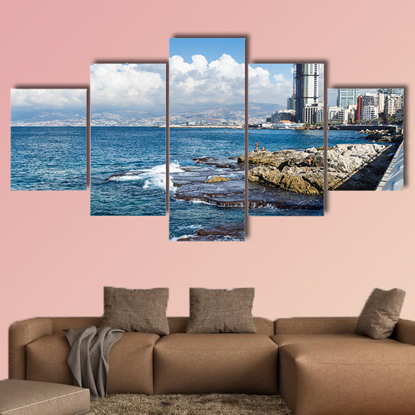 Seacoast with natural pool and swimmers in Beirut multi panel canvas wall art