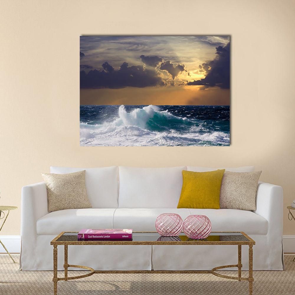 Mediterranean wave during storm in sunset time Multi Panel Canvas Wall Art