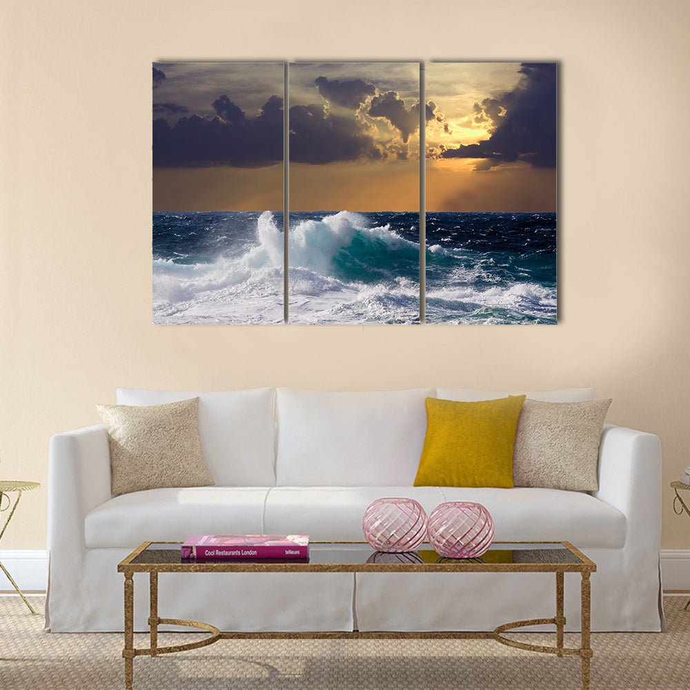 Mediterranean wave during storm in sunset time Multi Panel Canvas Wall Art