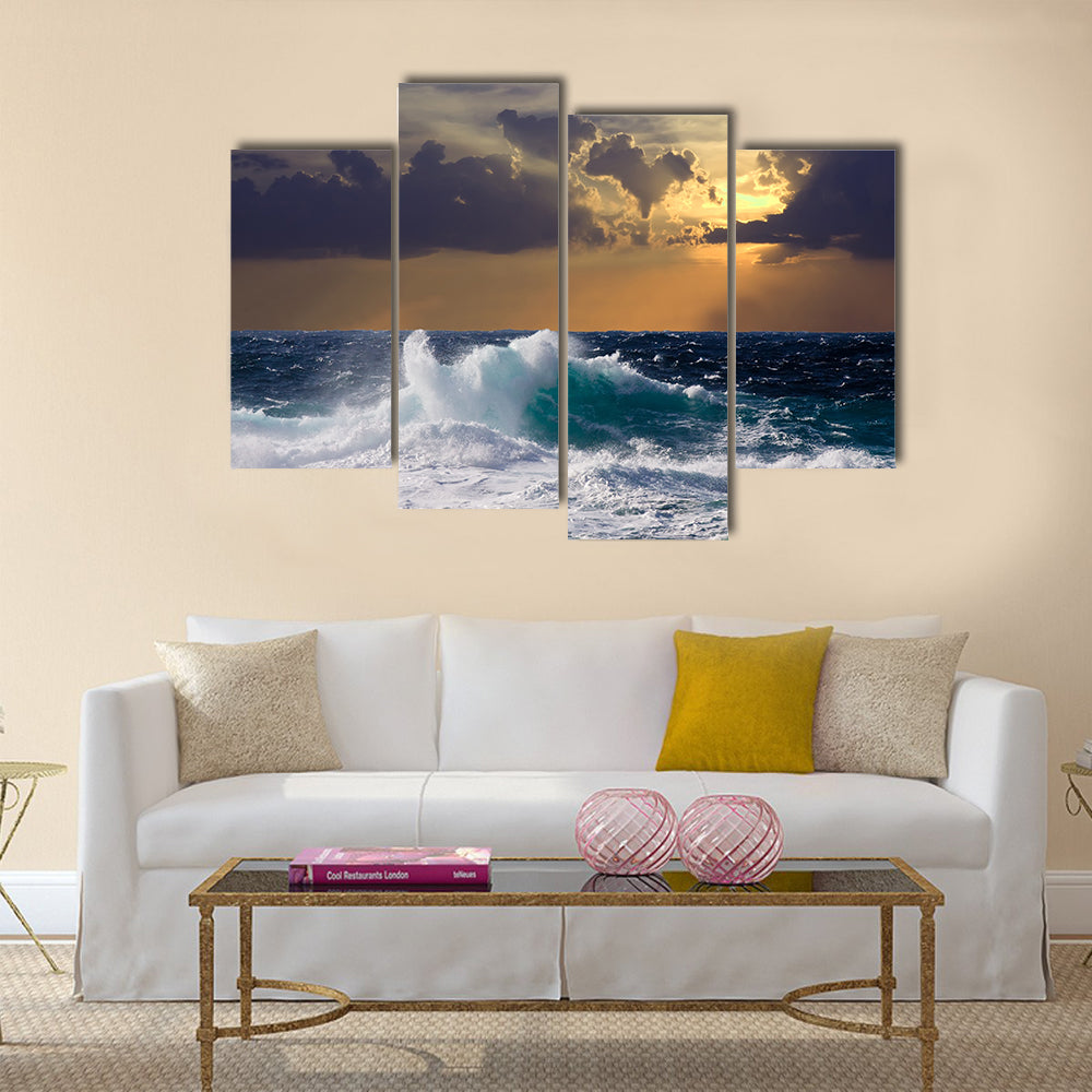 Mediterranean wave during storm in sunset time Multi Panel Canvas Wall Art