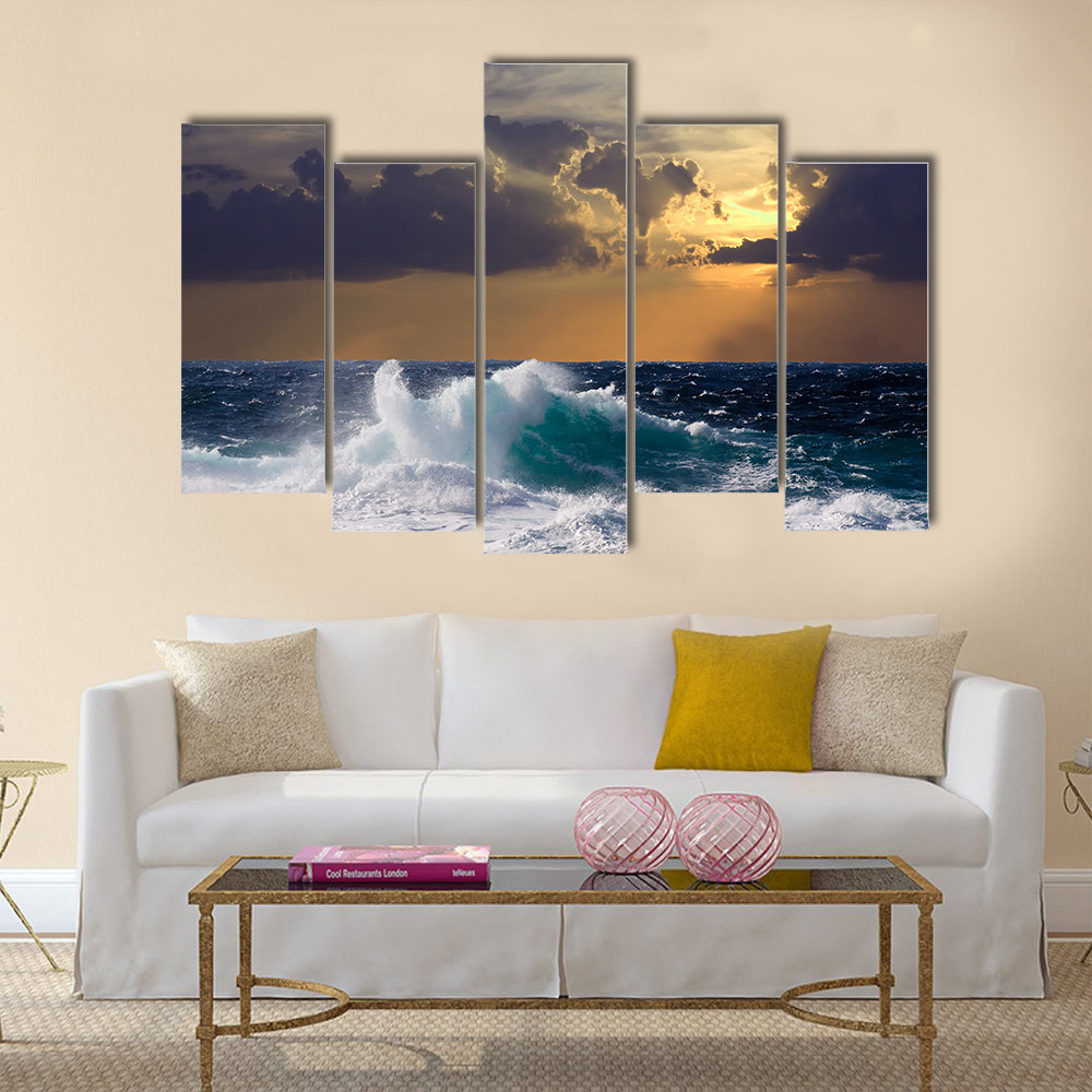 Mediterranean wave during storm in sunset time Multi Panel Canvas Wall Art