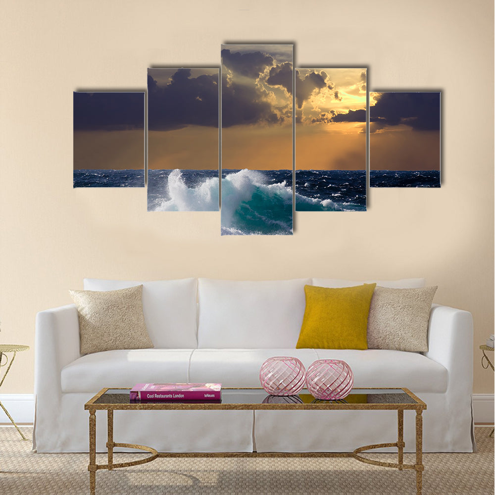 Mediterranean wave during storm in sunset time Multi Panel Canvas Wall Art