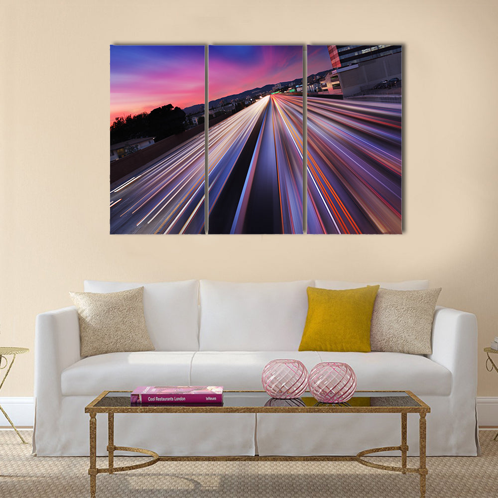 Traffic at twilight on 405 freeway in Los Angeles Multi Panel Canvas Wall Art