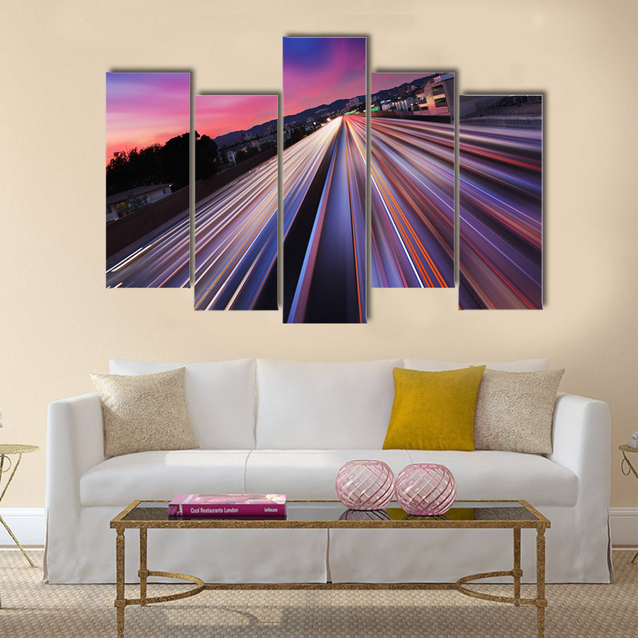 Traffic at twilight on 405 freeway in Los Angeles Multi Panel Canvas Wall Art