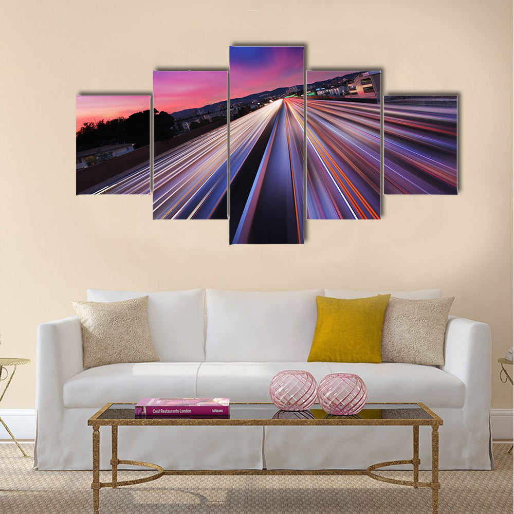Traffic at twilight on 405 freeway in Los Angeles Multi Panel Canvas Wall Art