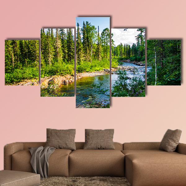 Warm Sunny summer day pure mountain river Multi panel canvas wall art