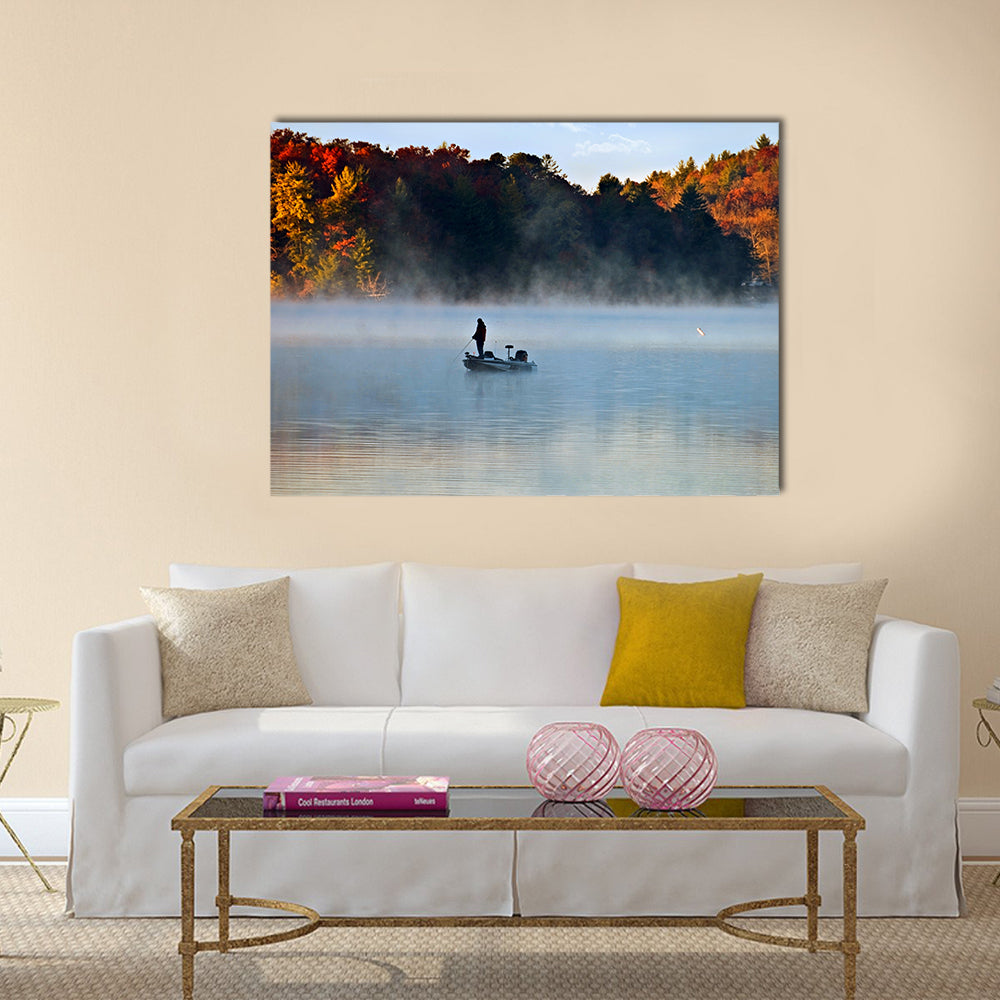 Silhouette of a man fishing in the morning fog with autumn colors multi panel canvas wall art