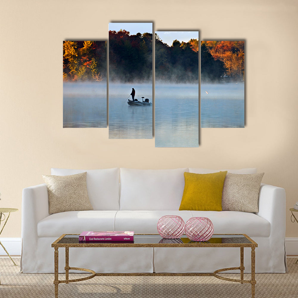 Silhouette of a man fishing in the morning fog with autumn colors multi panel canvas wall art
