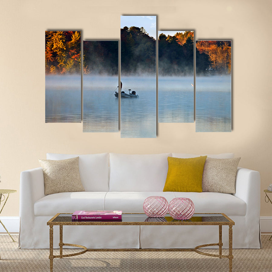 Silhouette of a man fishing in the morning fog with autumn colors multi panel canvas wall art