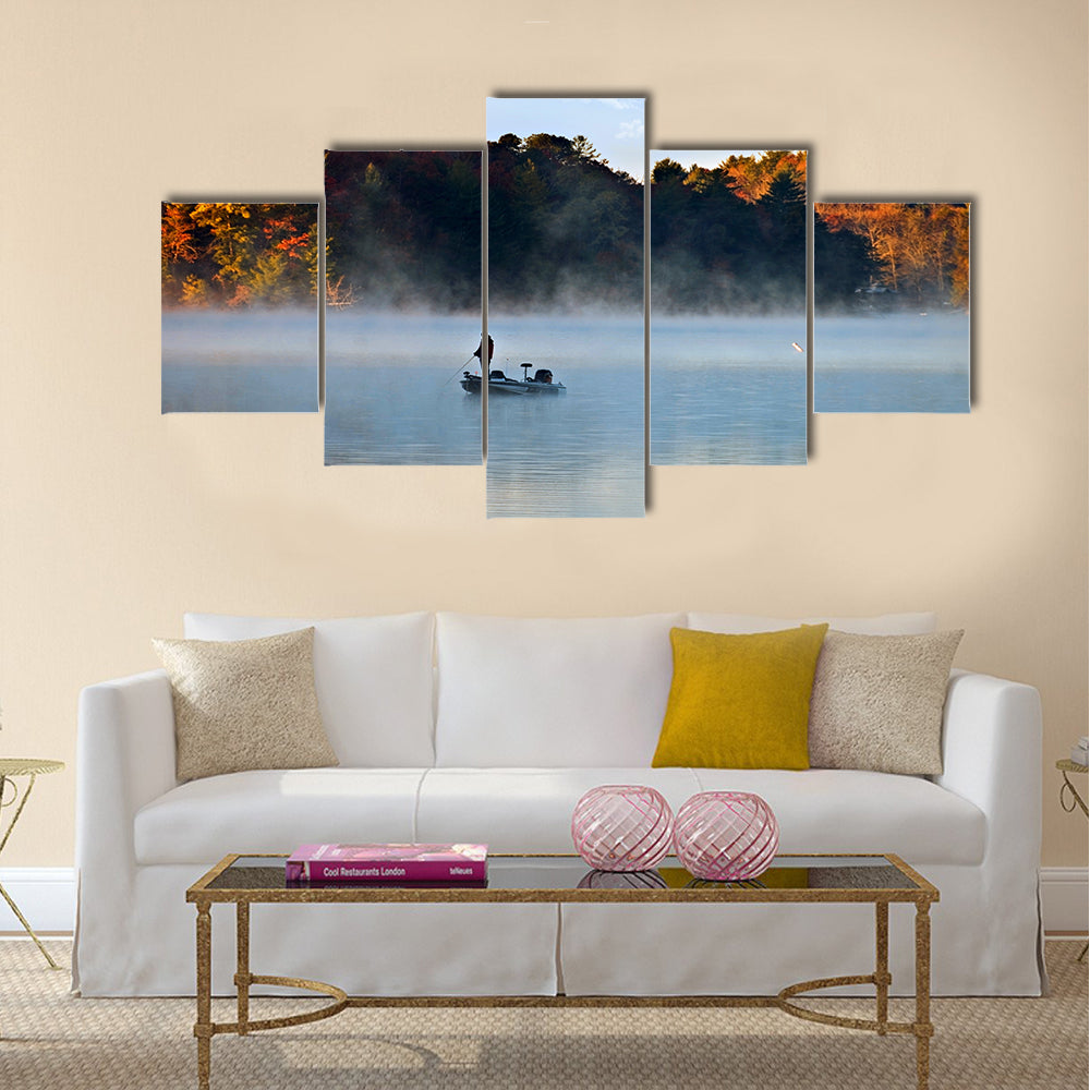 Silhouette of a man fishing in the morning fog with autumn colors multi panel canvas wall art