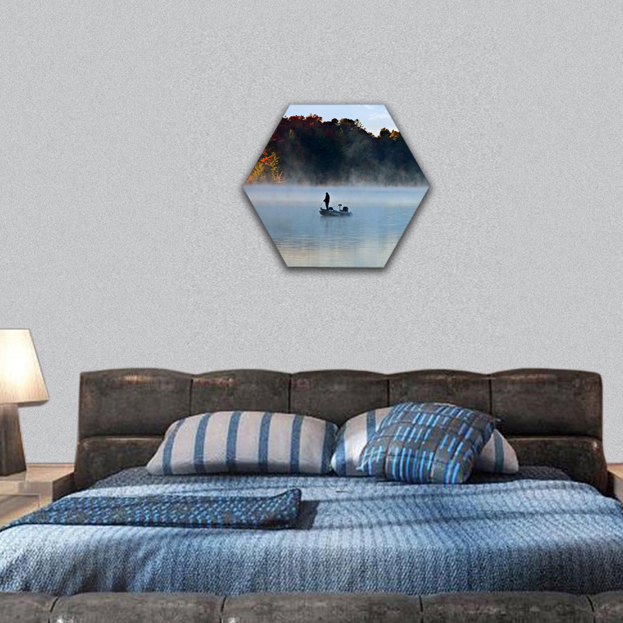 Silhouette of a man fishing in the morning fog hexagonal canvas wall art