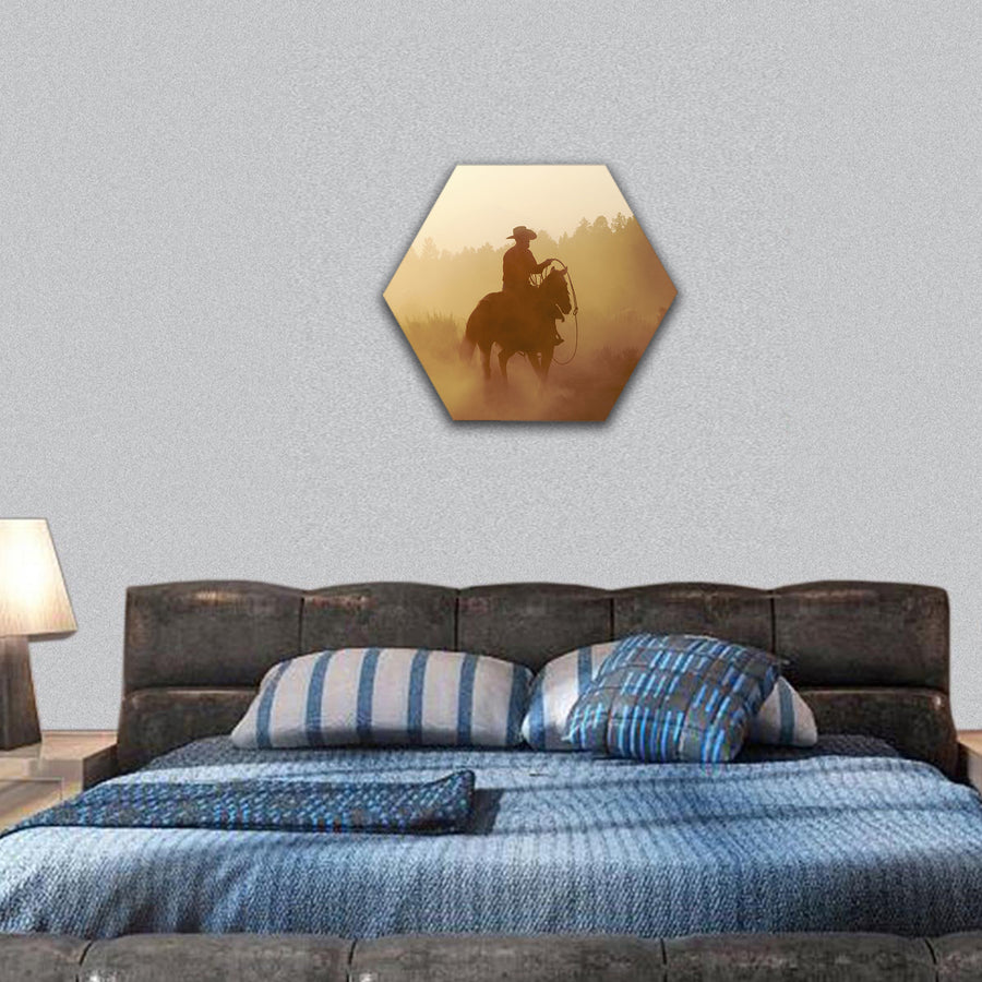 Cowboy outside in the setting sun hexagonal canvas wall art