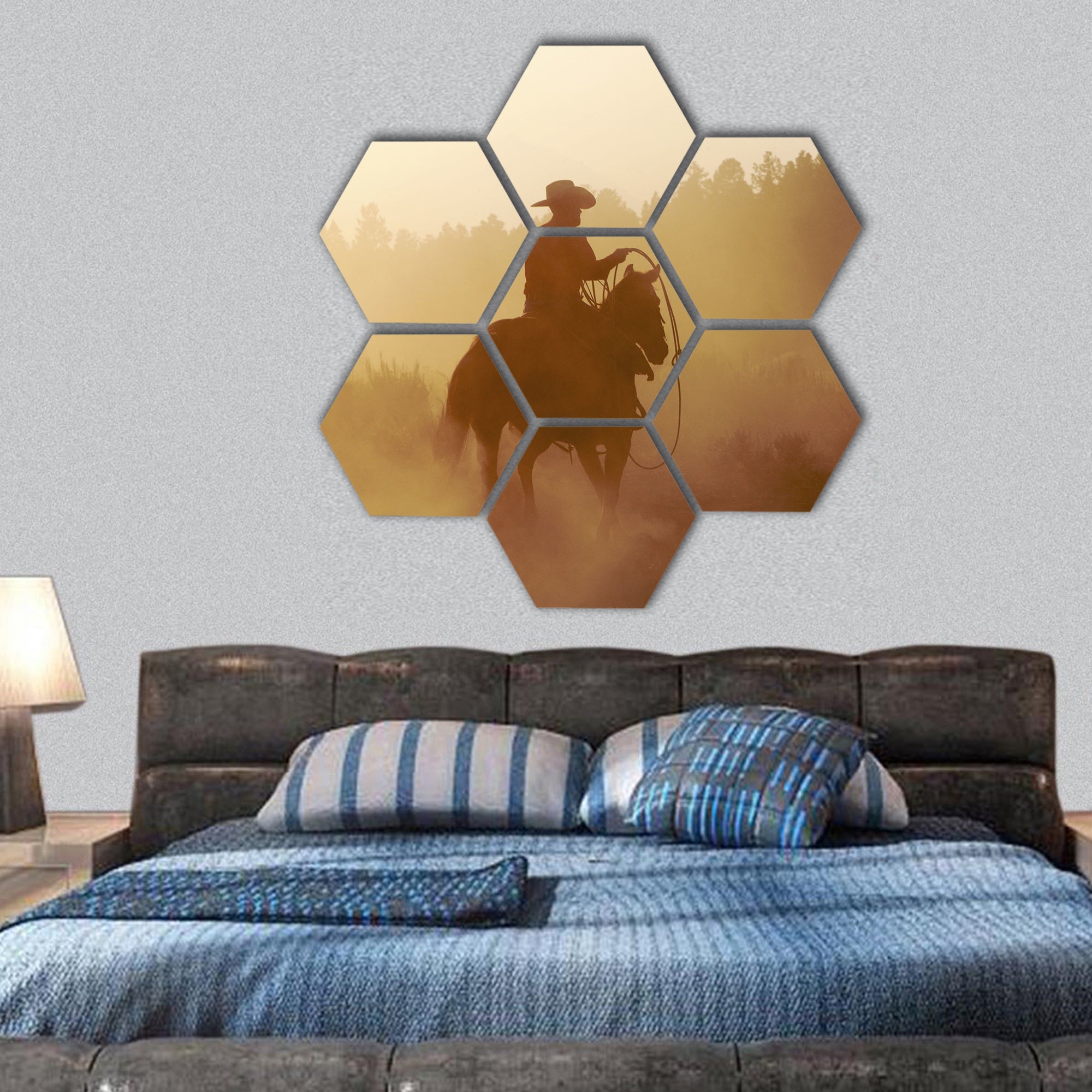 Cowboy outside in the setting sun hexagonal canvas wall art