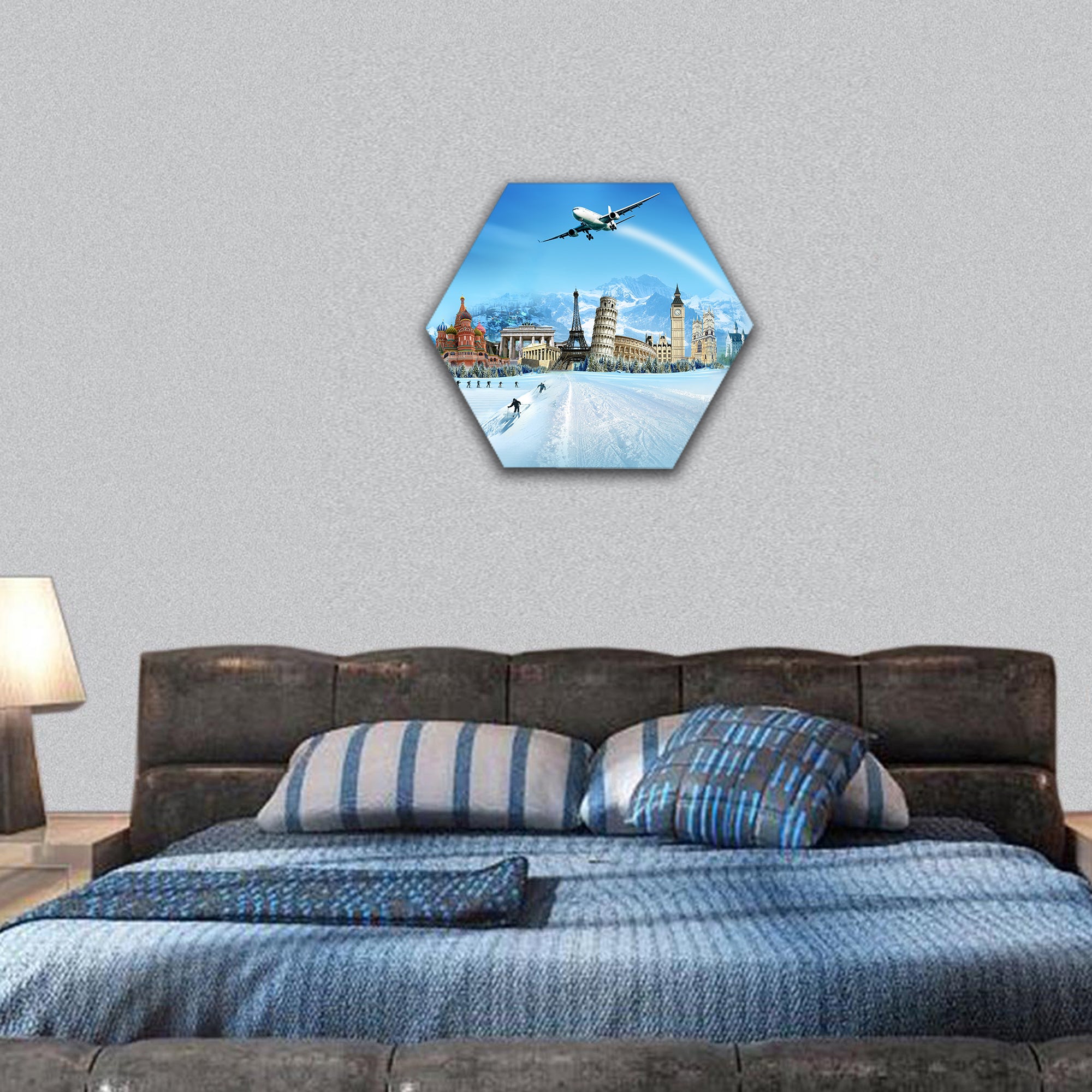 World monuments and mountains hexagonal canvas wall art