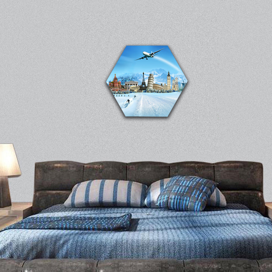 World monuments and mountains hexagonal canvas wall art