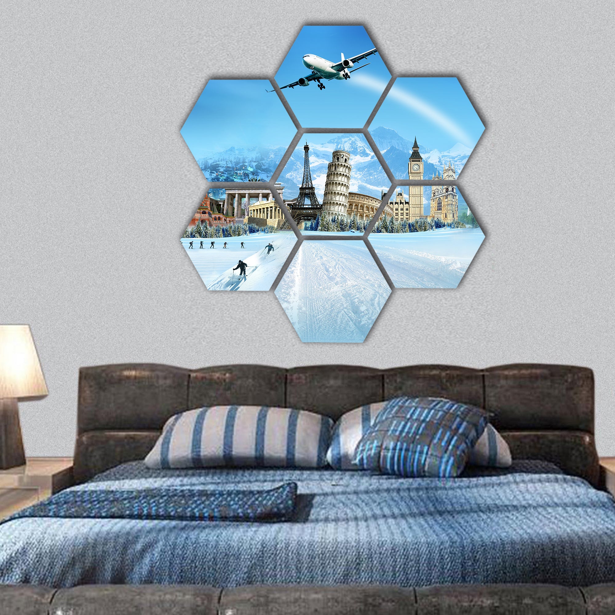 World monuments and mountains hexagonal canvas wall art