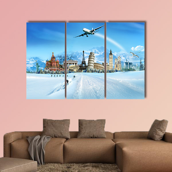 Travel - winter vacation, world monuments and mountains multi panel canvas wall art