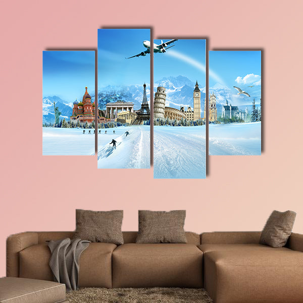 Travel - winter vacation, world monuments and mountains multi panel canvas wall art