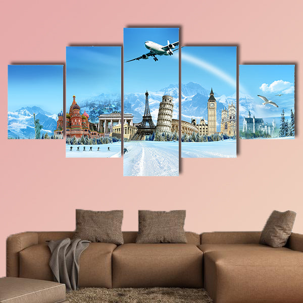 Travel - winter vacation, world monuments and mountains multi panel canvas wall art