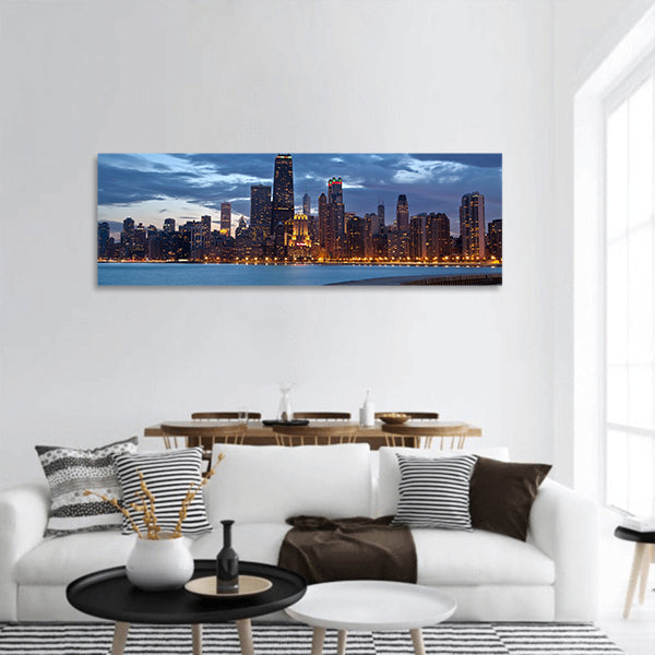 Chicago twilight blue hour at city of Chicago Panoramic Canvas Wall Art