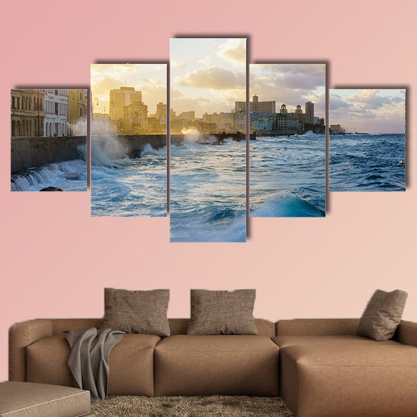 Heavy swell in the Havana seafront multi panel canvas wall art