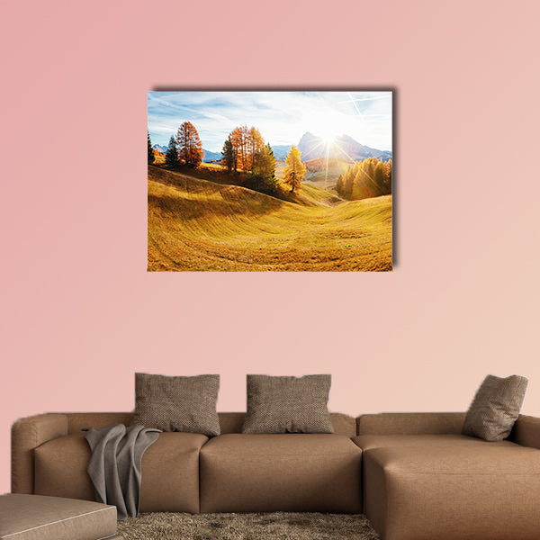Magic image of larchs on the slopes of bright hills multi panel canvas wall art