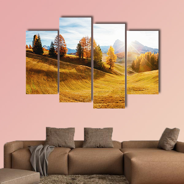 Magic image of larchs on the slopes of bright hills multi panel canvas wall art