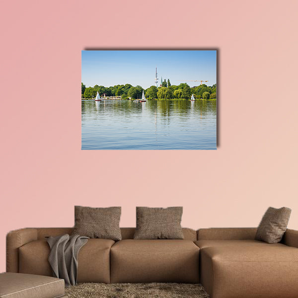 Sailing boats with people on Alster Lake multi panel canvas wall art