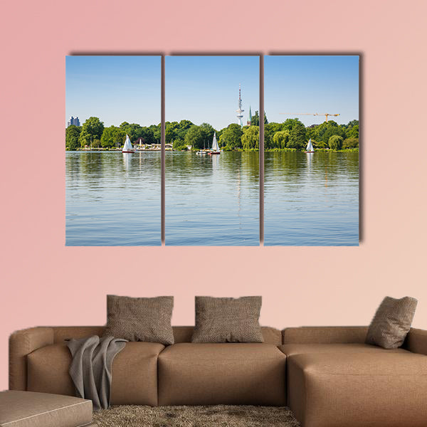 Sailing boats with people on Alster Lake multi panel canvas wall art