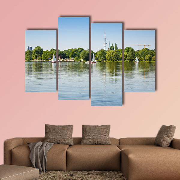 Sailing boats with people on Alster Lake multi panel canvas wall art