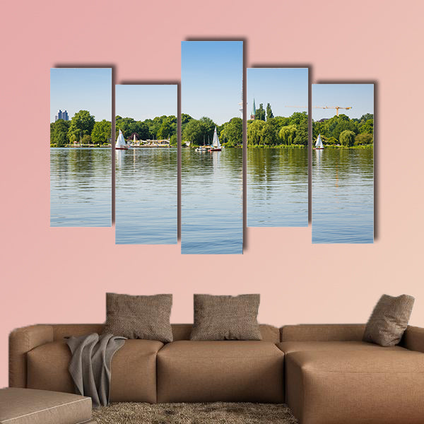 Sailing boats with people on Alster Lake multi panel canvas wall art