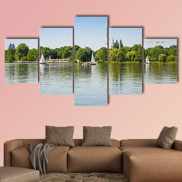 Sailing boats with people on Alster Lake multi panel canvas wall art