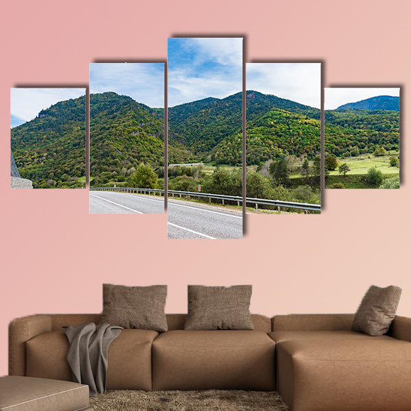 Mountain road at sunset, landscape with rocks, orange sunny wall art