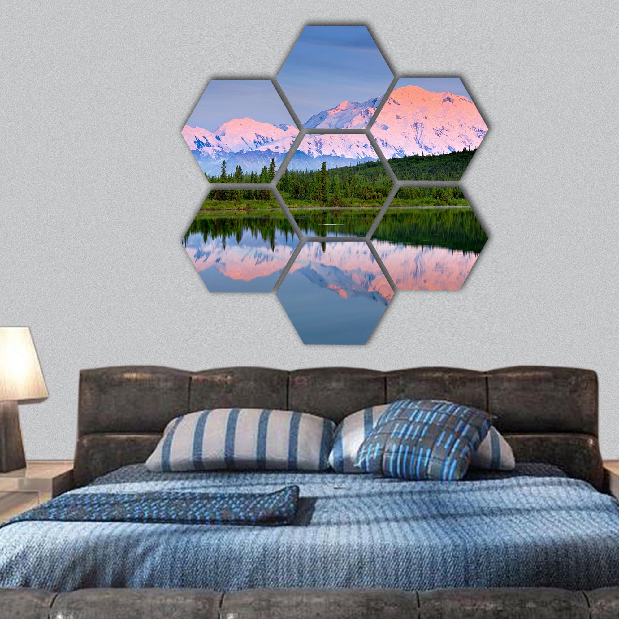 Mount McKinley reflection in Wonder Lake  hexagonal canvas wall art