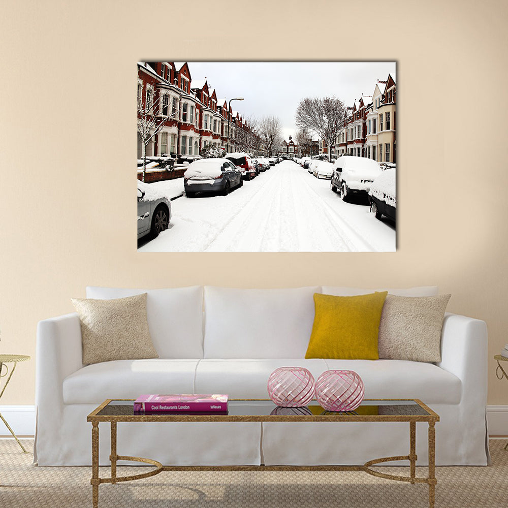 Snow cityscape of a terraced street in London England Multi panel canvas wall art