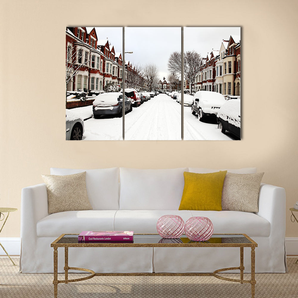 Snow cityscape of a terraced street in London England Multi panel canvas wall art
