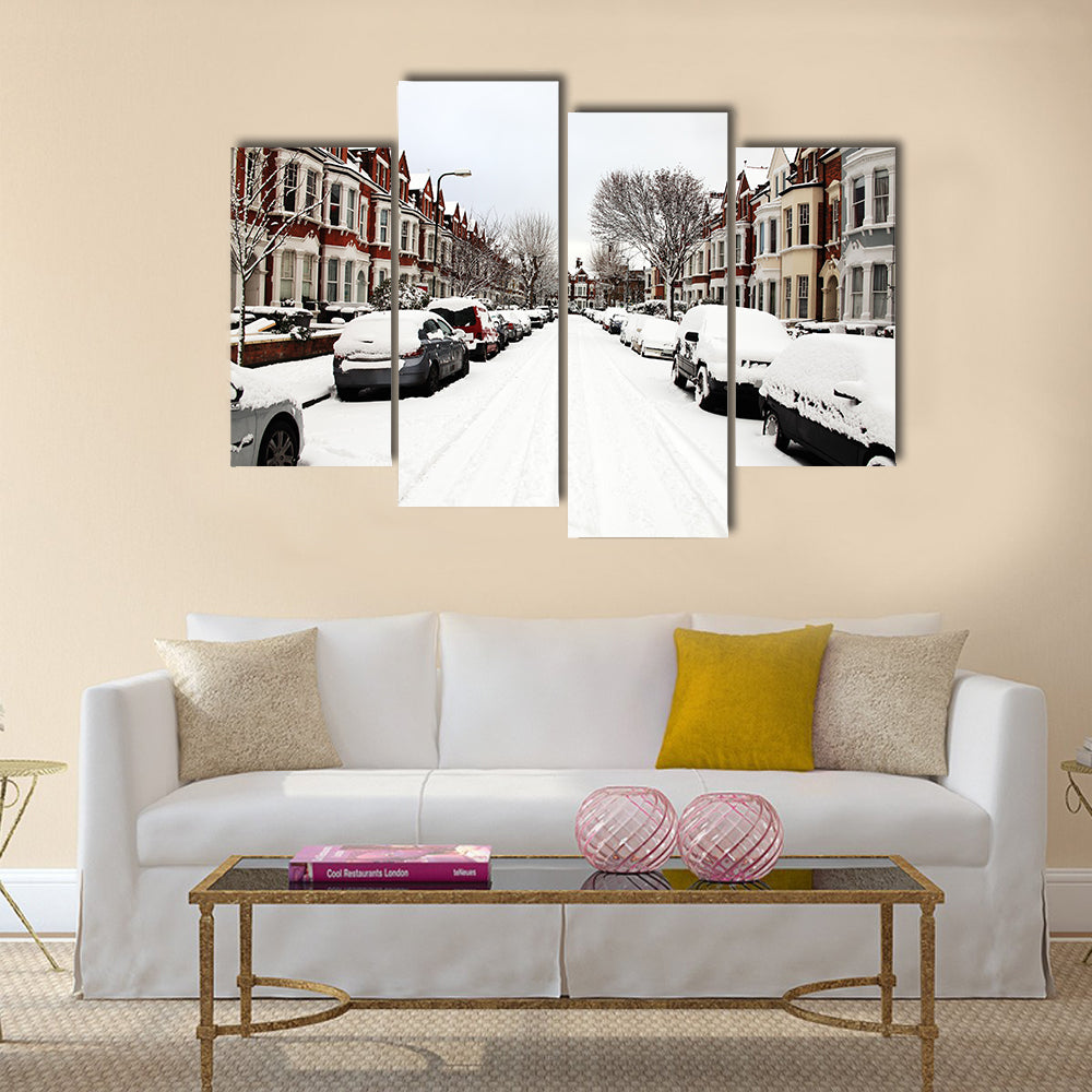 Snow cityscape of a terraced street in London England Multi panel canvas wall art