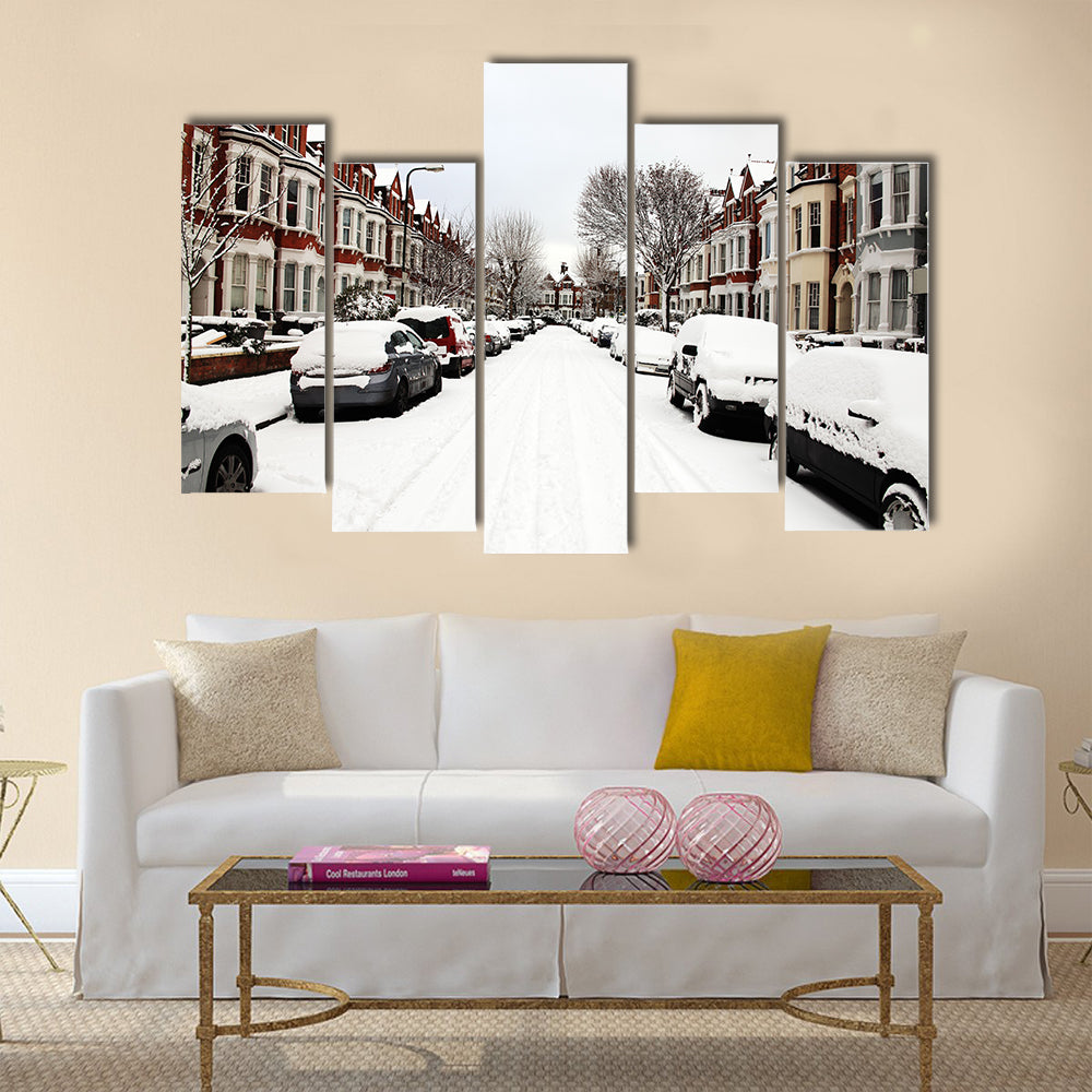 Snow cityscape of a terraced street in London England Multi panel canvas wall art