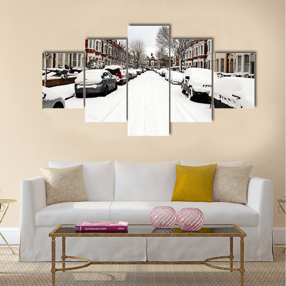 Snow cityscape of a terraced street in London England Multi panel canvas wall art
