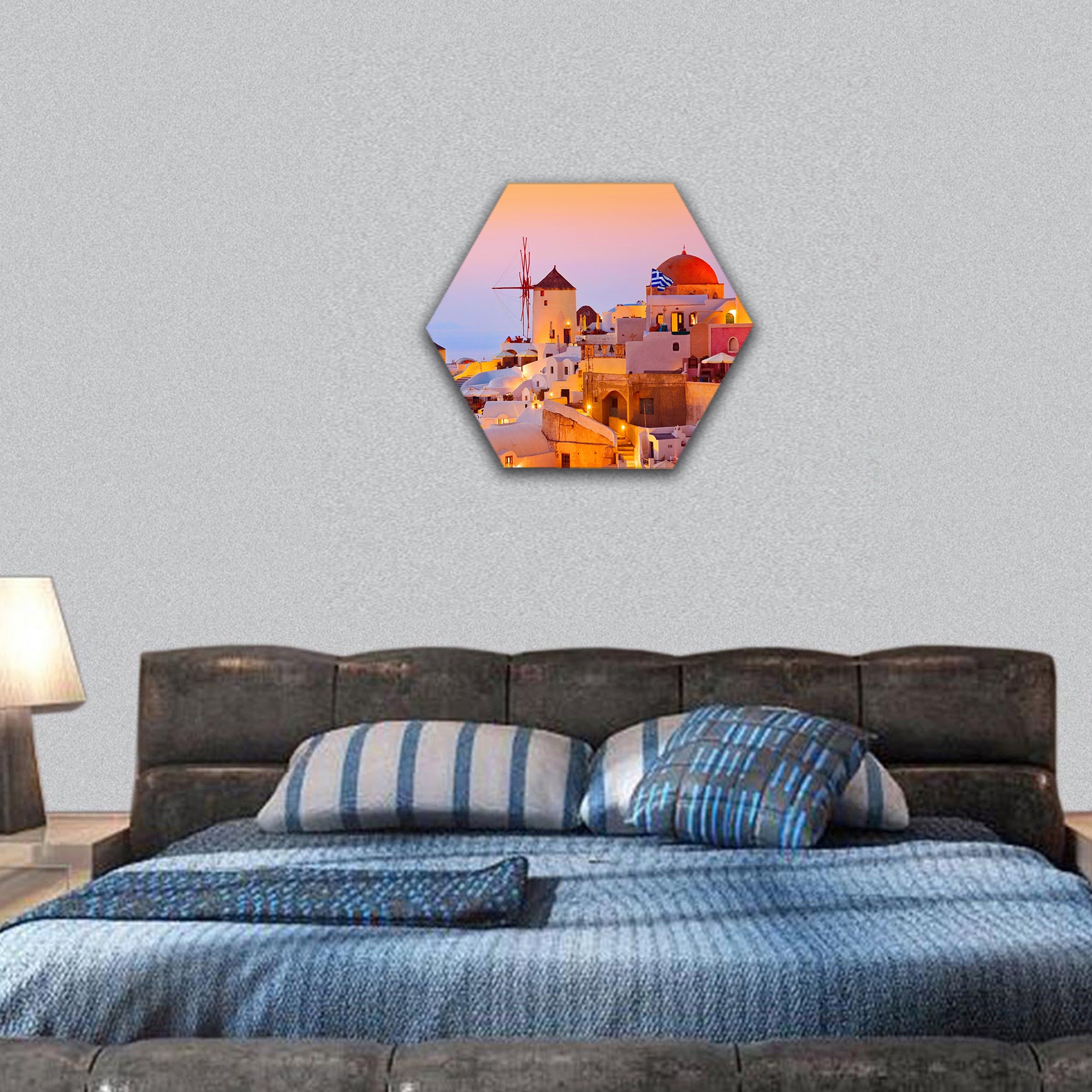 Santorini sunset, Greece vacation hexagonal canvas wall art