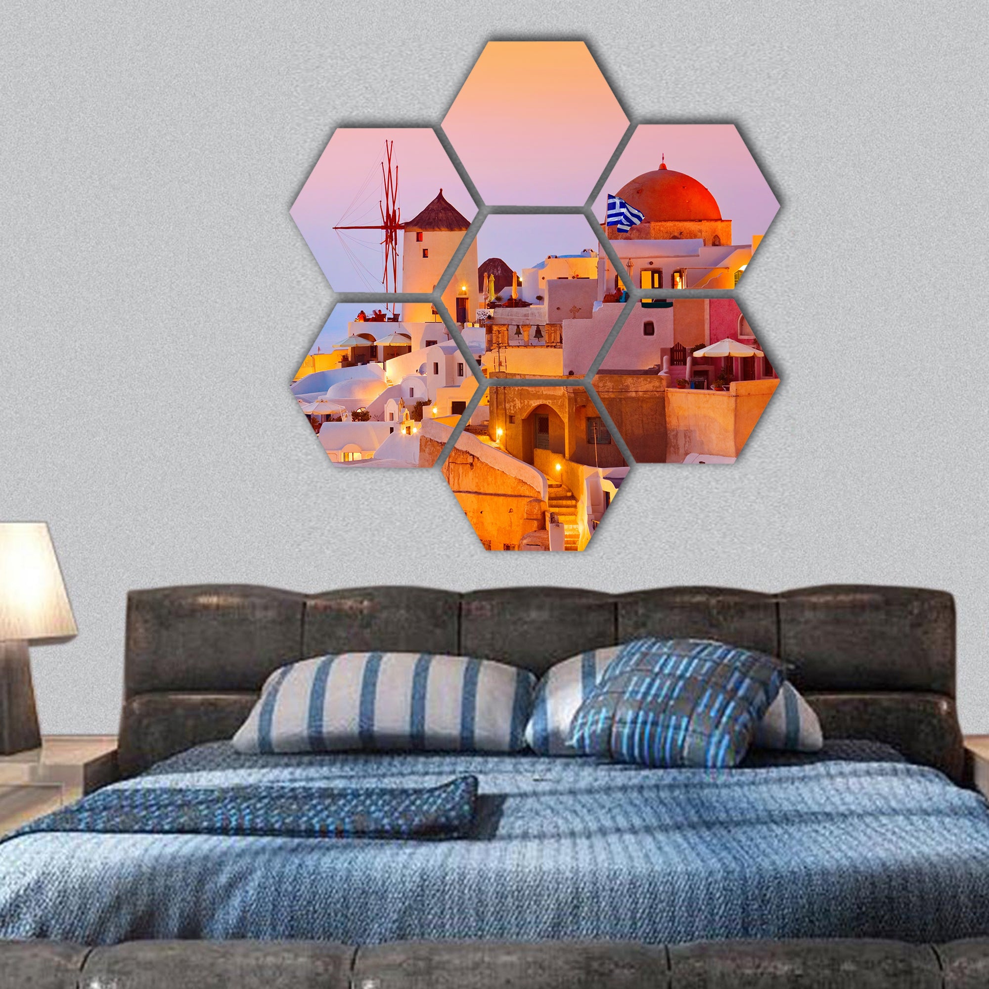 Santorini sunset, Greece vacation hexagonal canvas wall art