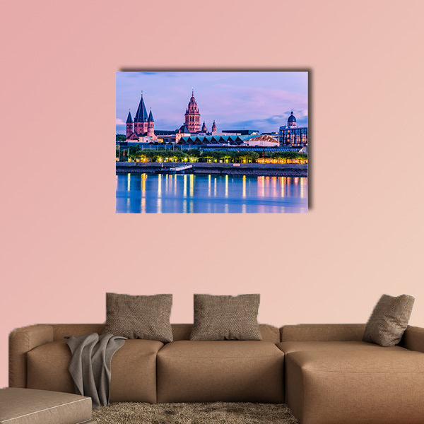 Mainz cityscape in the blue hour in the evening light canvas wall art
