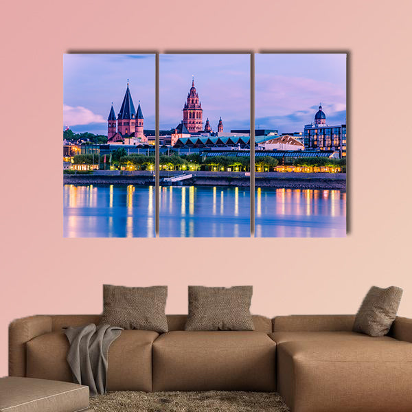 Mainz cityscape in the blue hour in the evening light canvas wall art