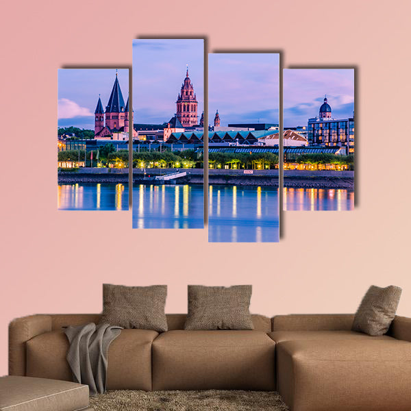Mainz cityscape in the blue hour in the evening light canvas wall art