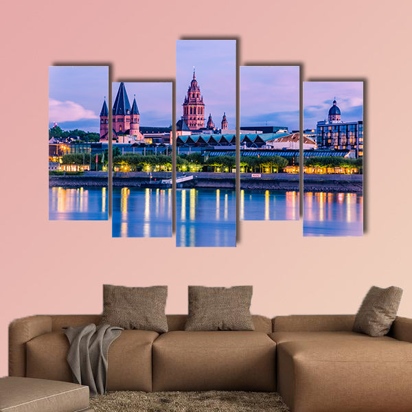 Mainz cityscape in the blue hour in the evening light canvas wall art