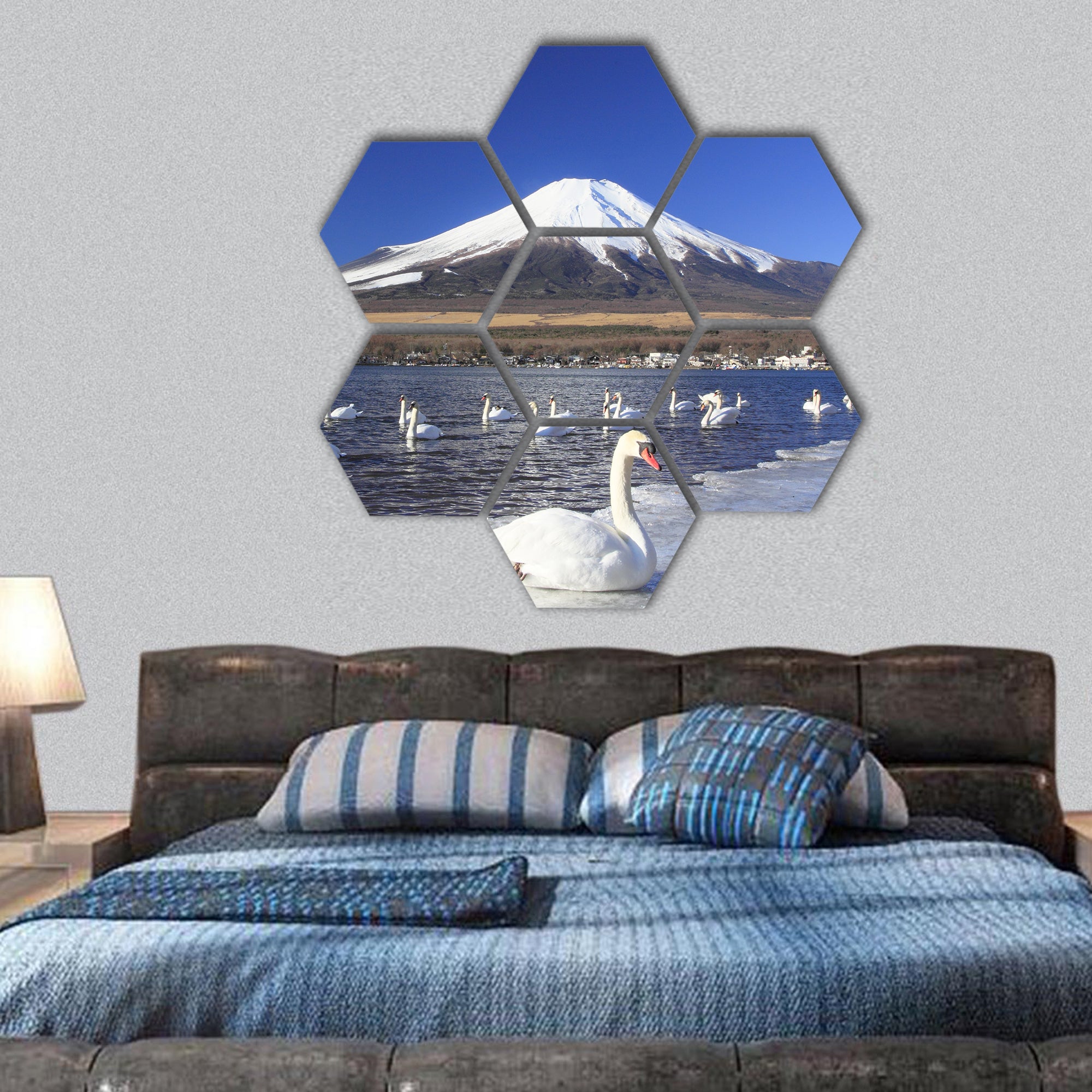 Mt.fuji and swans in Lake Yamanaka hexagonal canvas wall art