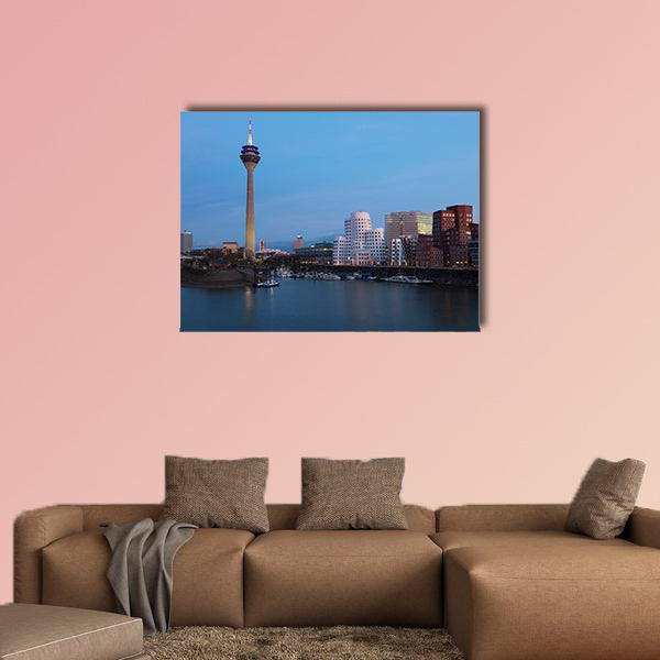Media harbor with Rhein turm tower at night in Dusseldorf, wall art