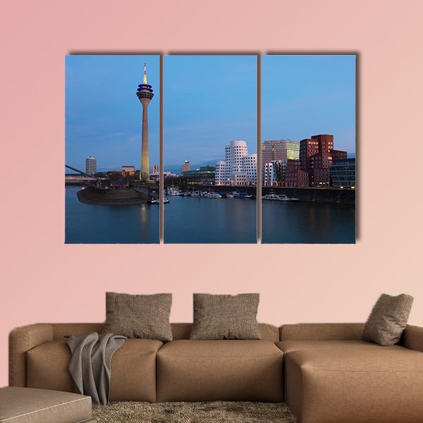 Media harbor with Rhein turm tower at night in Dusseldorf, wall art