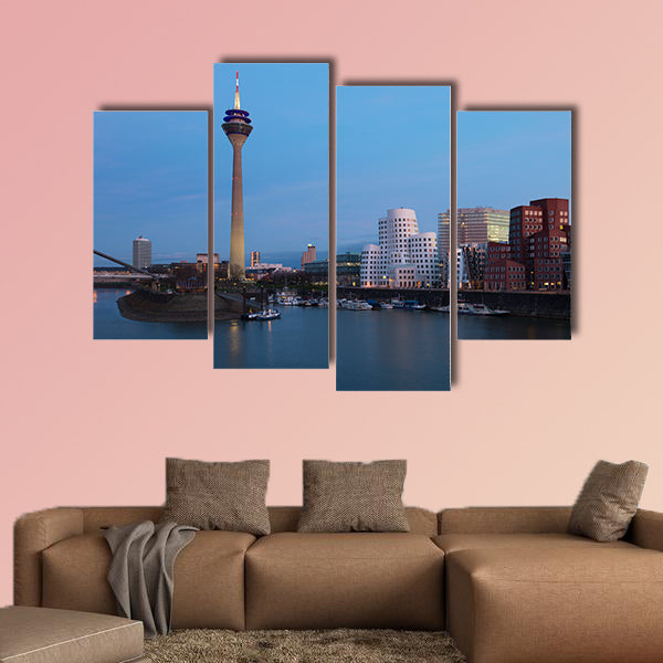 Media harbor with Rhein turm tower at night in Dusseldorf, wall art