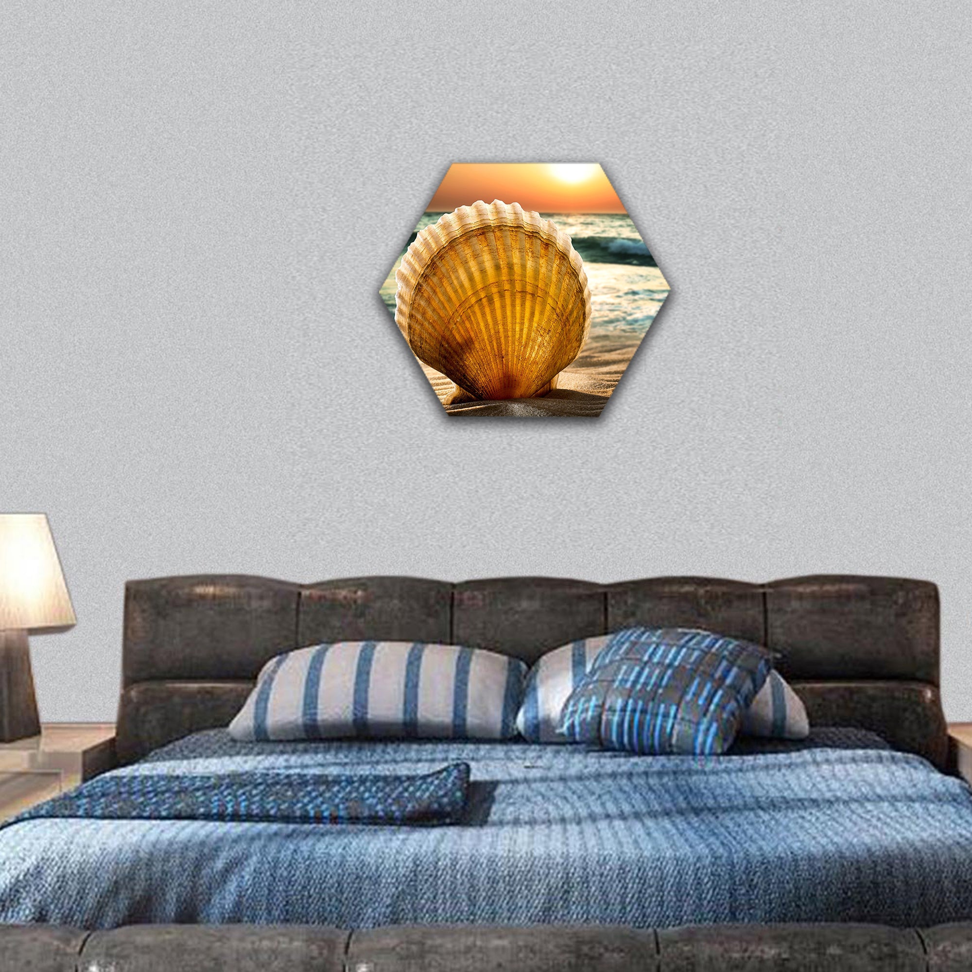 Sea shells in the sand, a sunset hexagonal canvas wall art